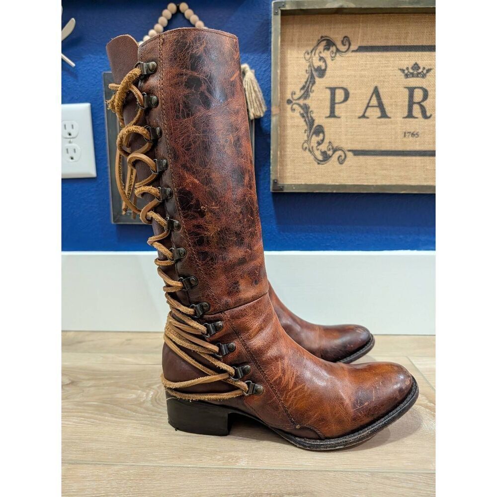 Freebird by Steven Reese Cognac Lace Up Tall Riding Boot Women's 9 Leather - Picture 2 of 15